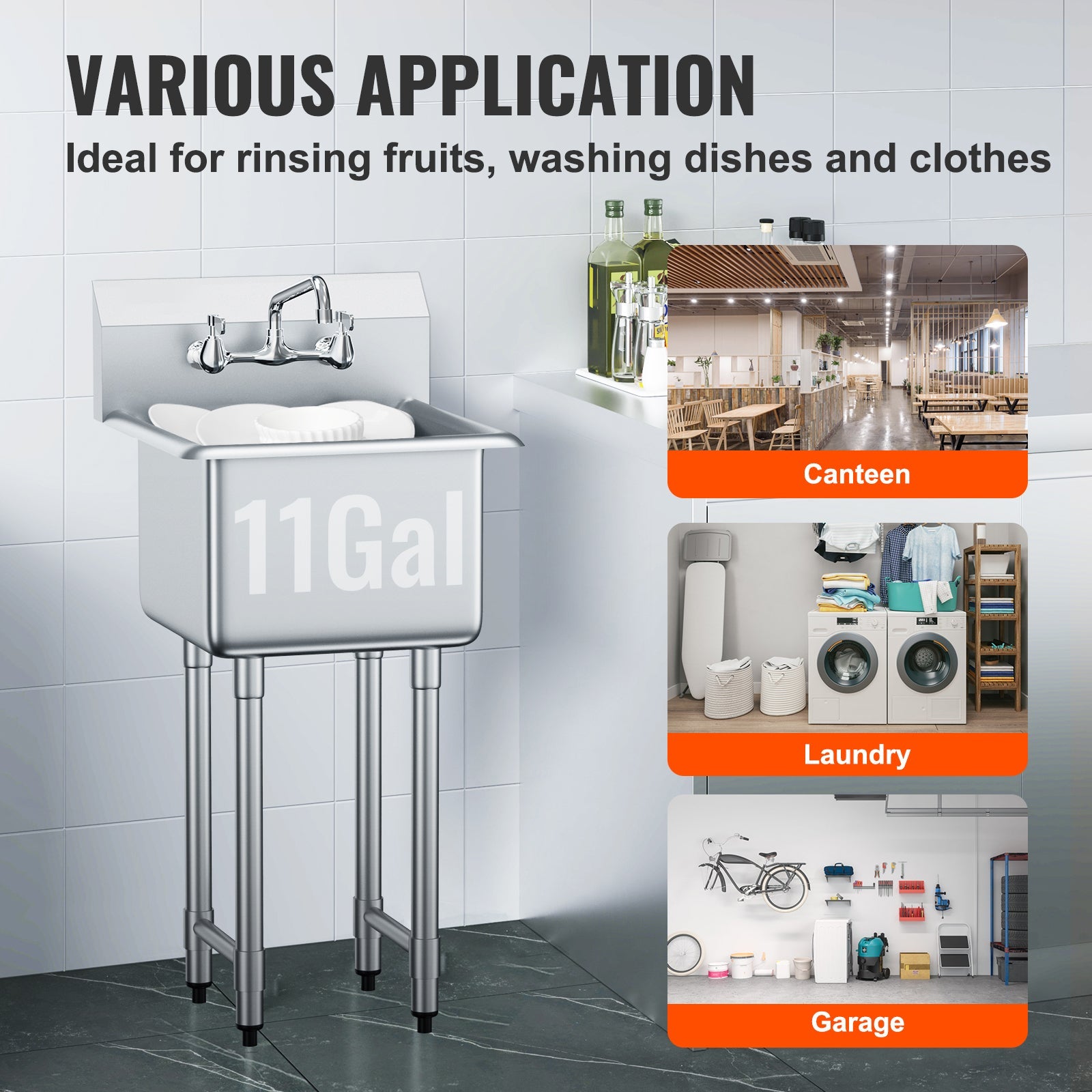 Stainless Steel Prep & Utility Sink, 1 Compartment Free Standing Small Sink Include Faucet & legs, 18'x41' Commercial Single Bowl Sinks for Garage, Restaurant, Kitchen, Laundry