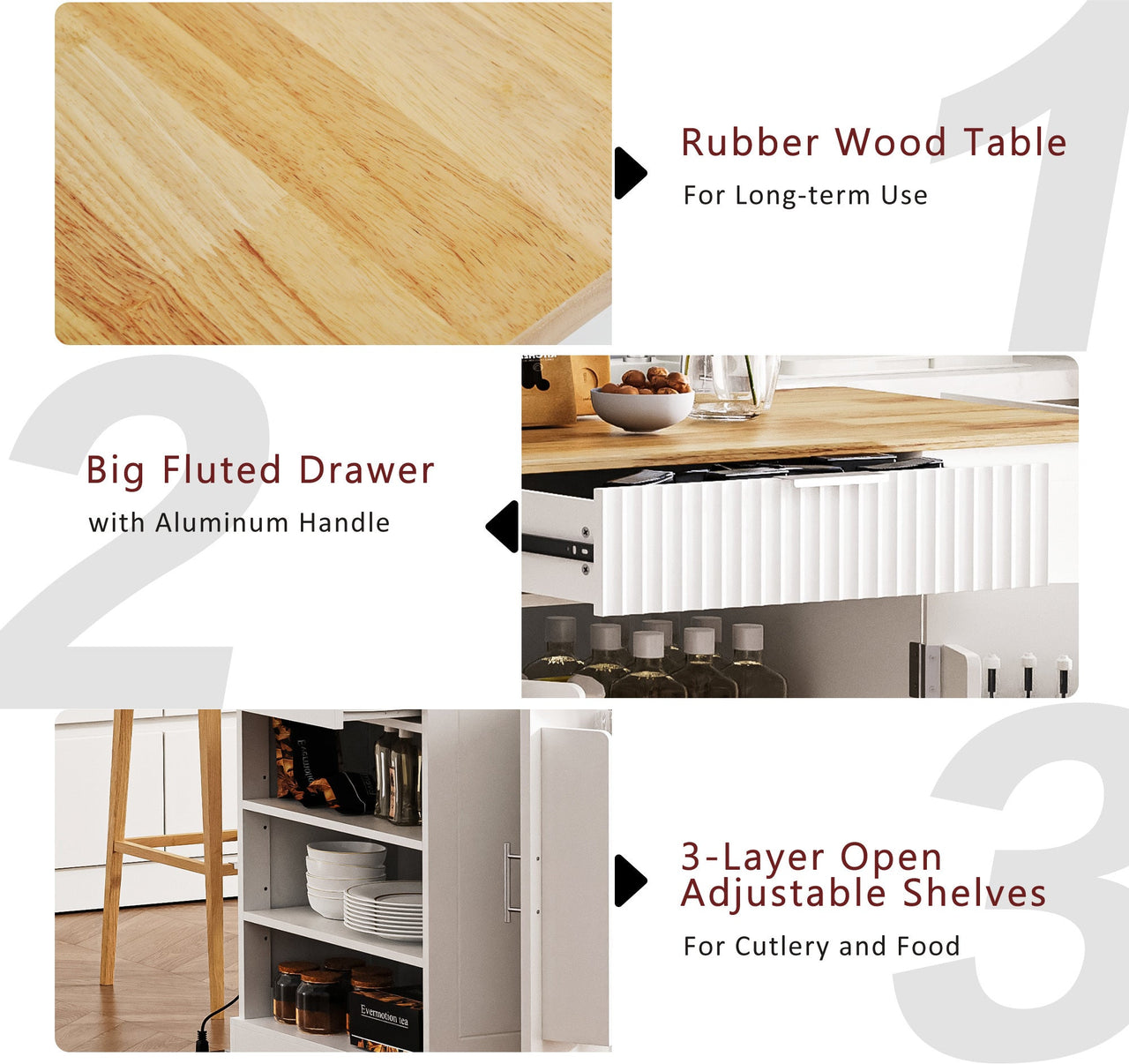 K&K Fluted Kitchen Island with Trash Can Storage Cabinet, Power Outlet, Internal Storage Rack, Rolling Kitchen Islands on 5 Wheels with 3 Drawer, 3 Open Side Racks for 10 Gallon Garbage Bin, White