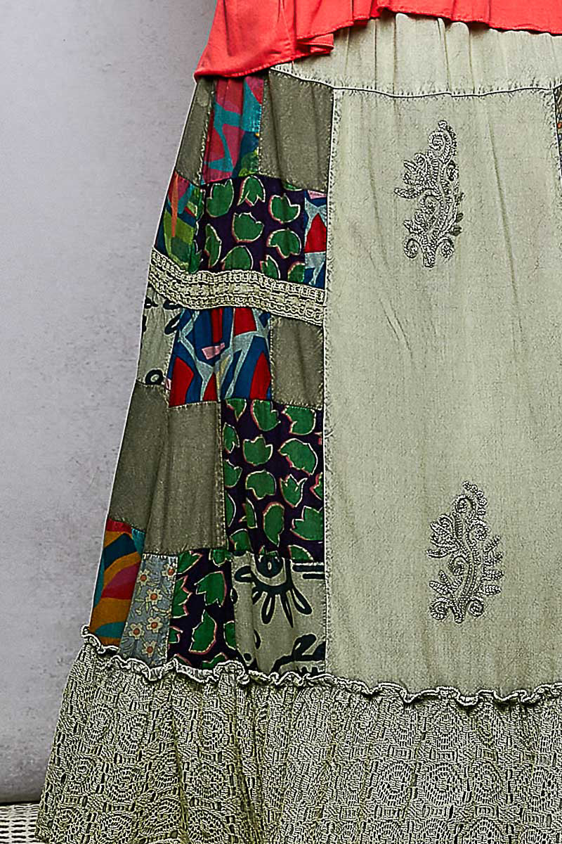 POL Printed Patchwork Embroidered Ruffled Skirt