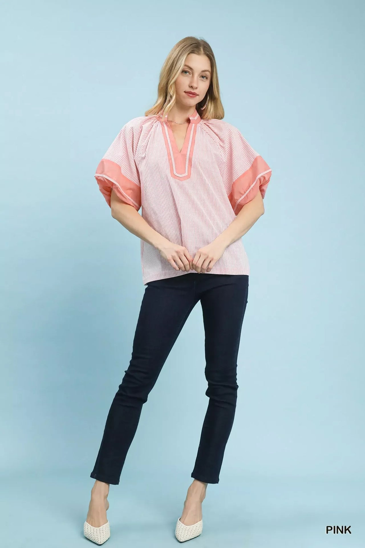 Umgee Striped Mixed Puff Sleeve Blouse