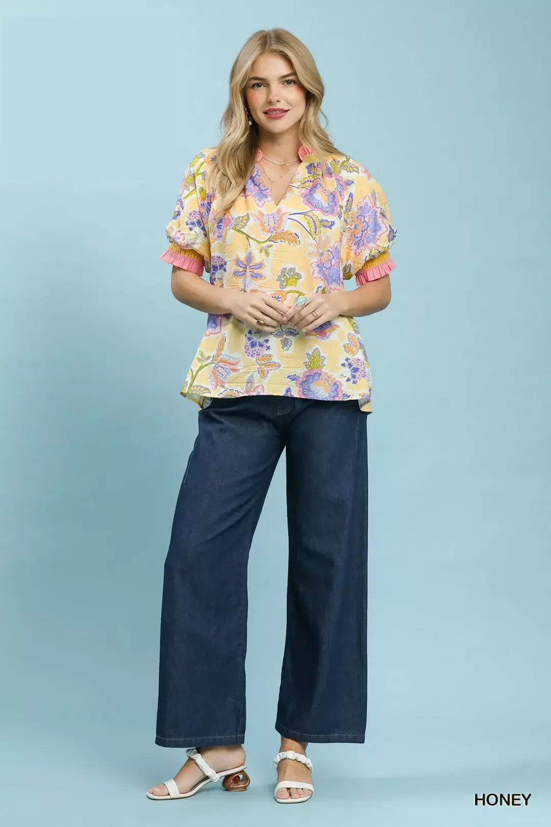 Umgee Floral Print Ruffled Short Sleeve Top