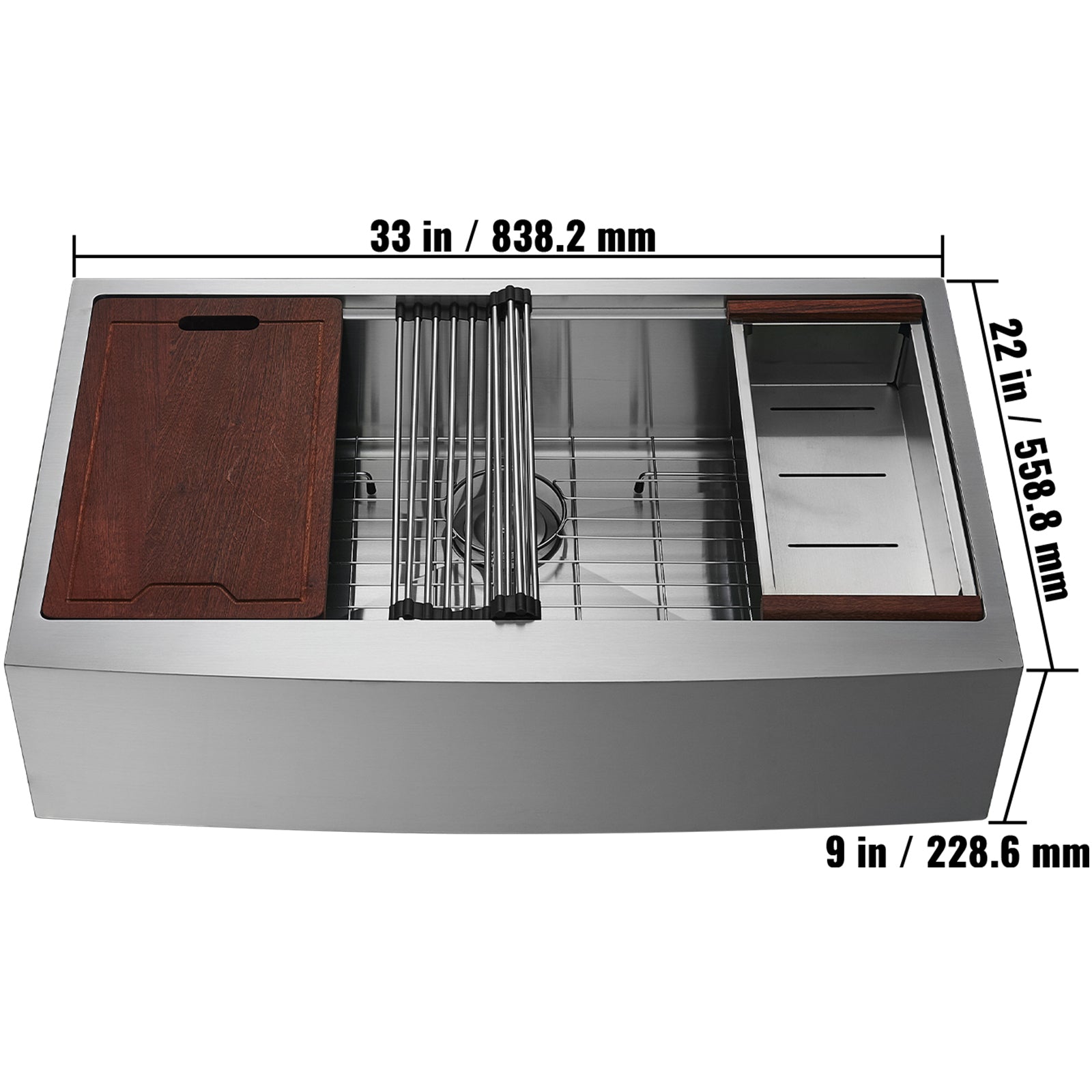 Farmhouse Kitchen Sink, 304 Stainless Steel Drop-In Sinks, Single Bowl Basin with Ledge & Accessories, Household Dishwasher Sinks for Workstation, Prep Kitchen, and Bar Sink, 33 inch