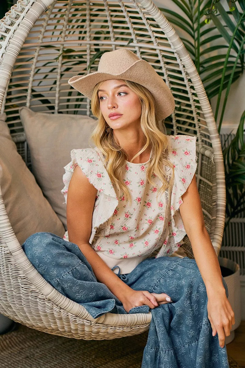 BiBi Flower Printed Ruffle Sleeve Trim Detail Top