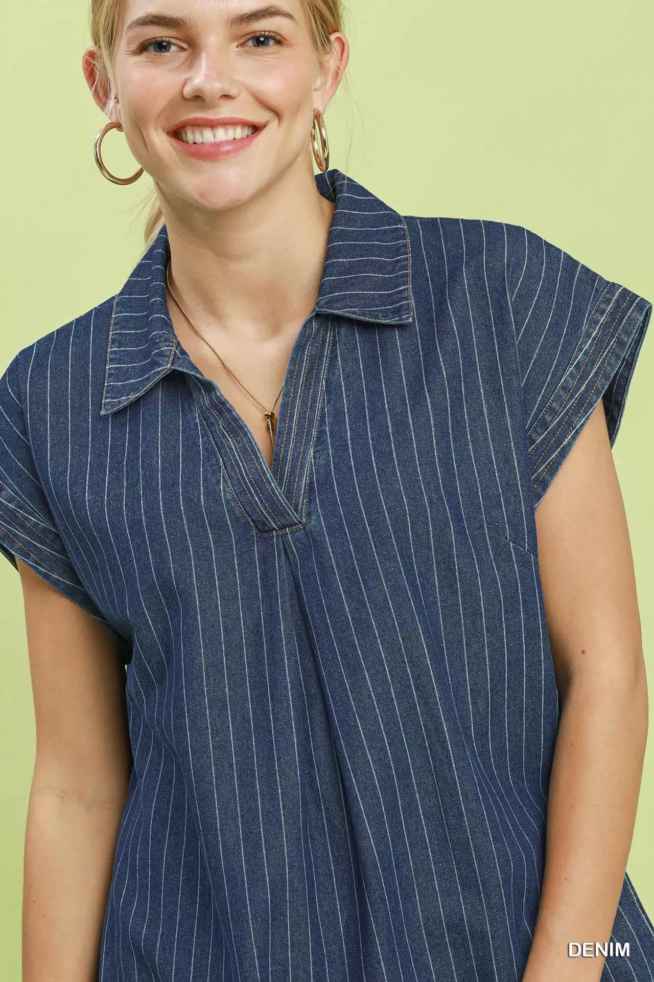 Umgee Pinstripe Denim Collared Midi Dress with Side Slits