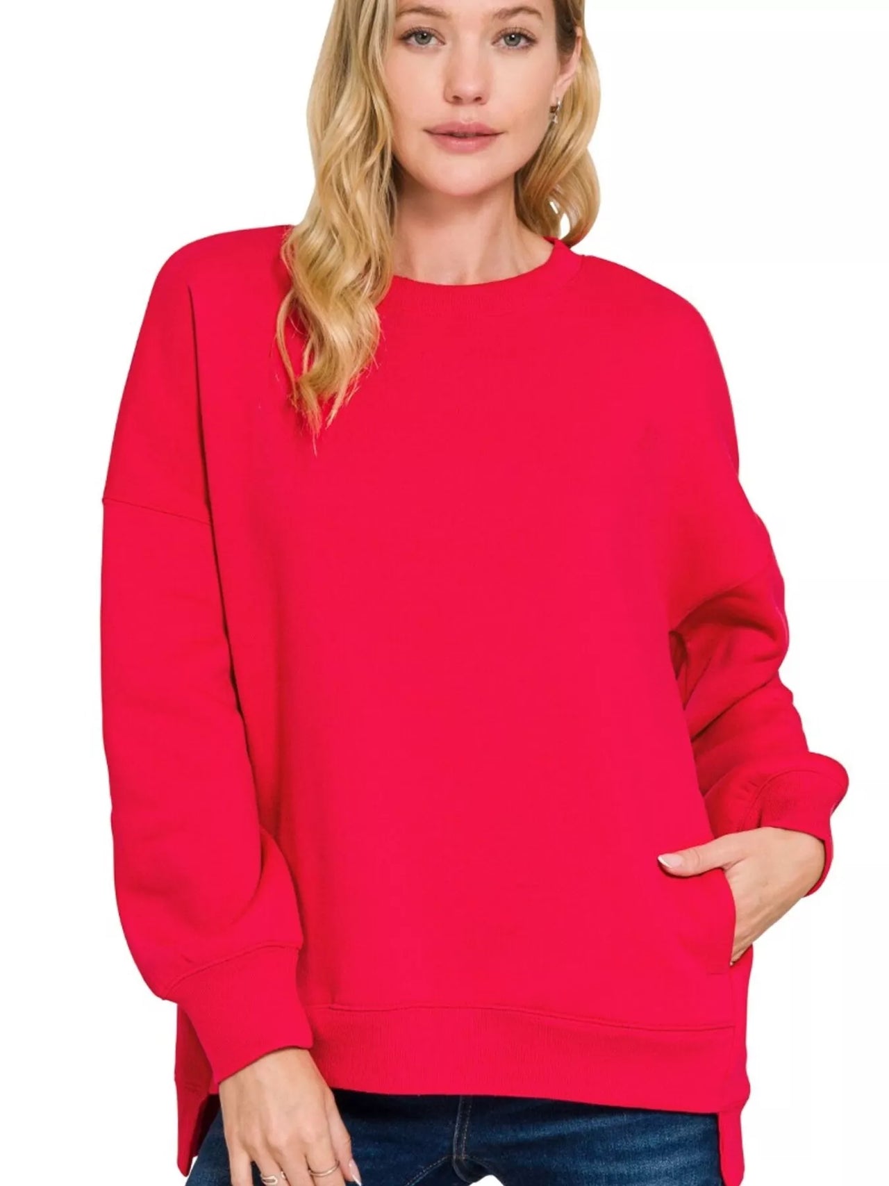 Zenana Full Size Fleece Hi-low Boyfriend Sweatshirts with Pockets Plus Size