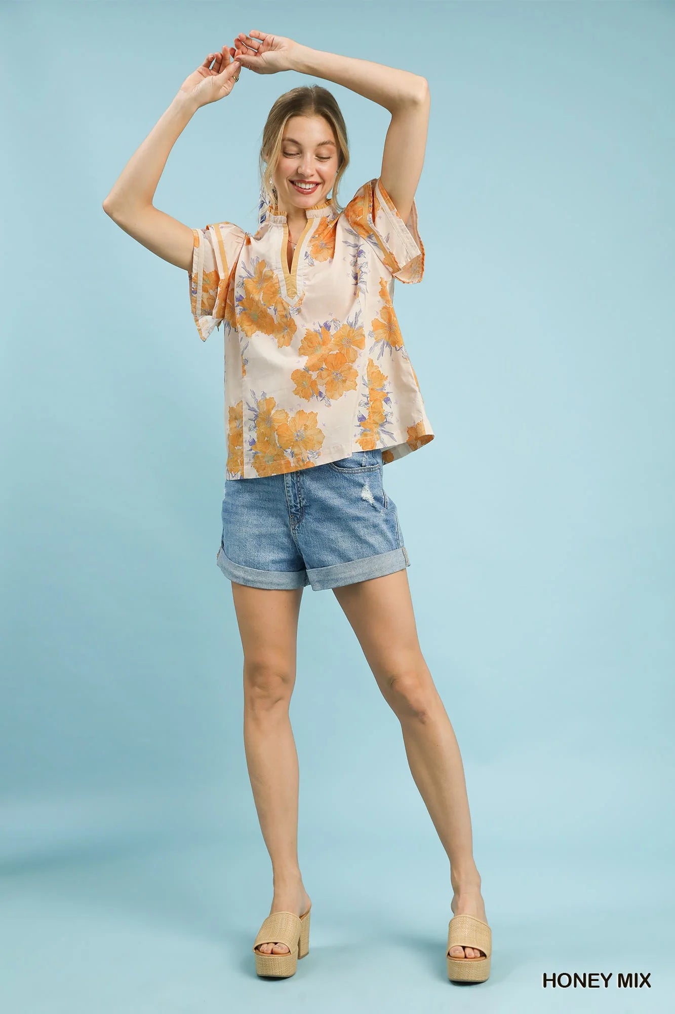 Umgee Mix Floral Ruffle Sleeve Blouse