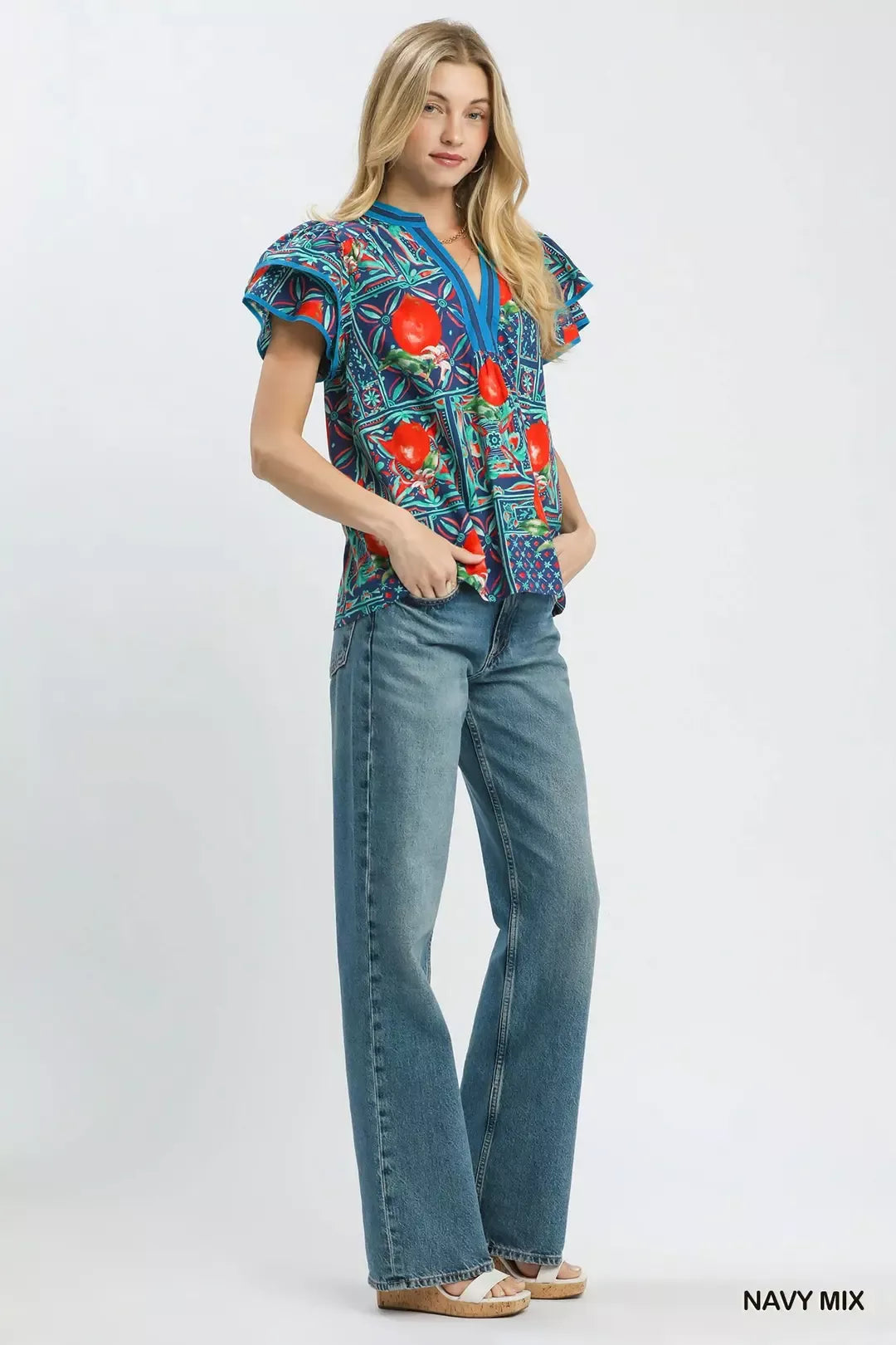 Umgee Abstract Print Flutter Sleeve Blouse