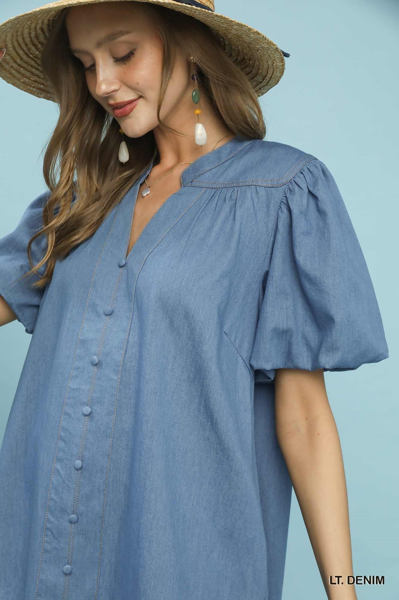 Umgee Chambray Puff Sleeve Dress