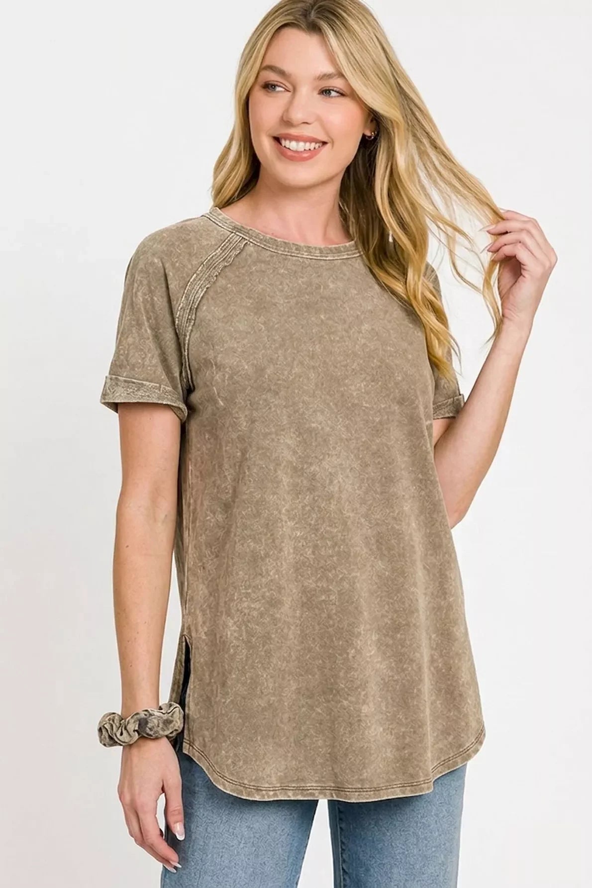 Zenana French Terry Washed Curved Hem Top