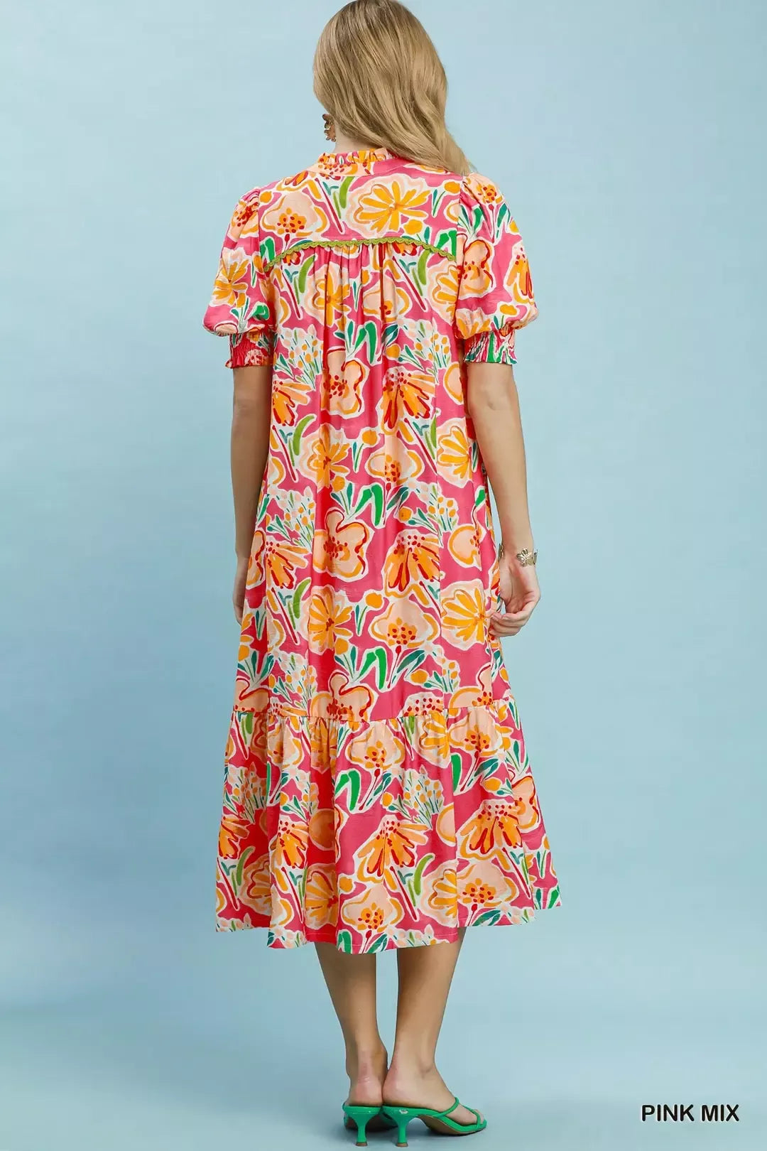 Umgee Floral Print Puff Sleeve Tiered Midi Dress