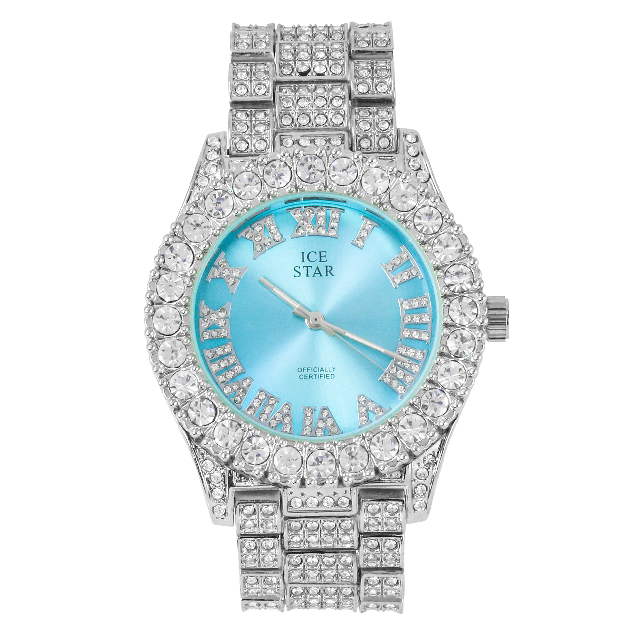 Techno Pave Womens 44mm Iced Solitaire Bezel Watch - Silver Plated with Blue Roman Dial