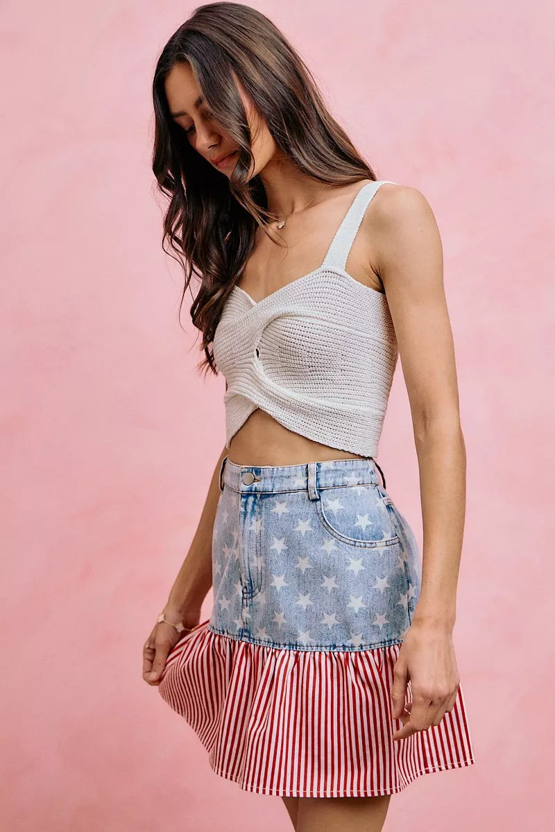 SO ME Stars And Stripes Fit And Flare Denim Mini Skirt