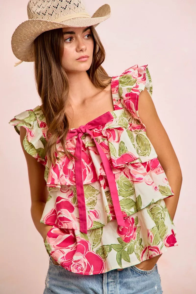 BiBi Floral Print Woven Bow Tie Ruffle Square Neck Top