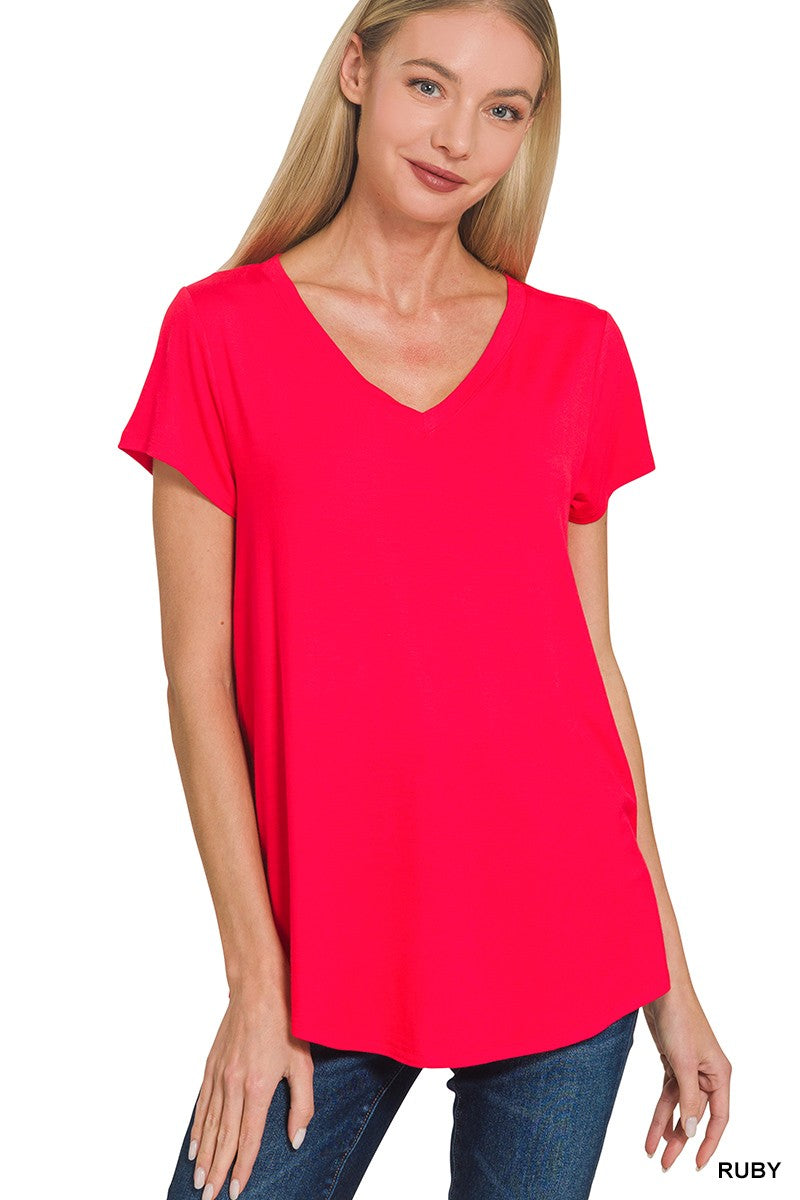 Zenana Rayon Short Sleeve V-neck Round Hem Top