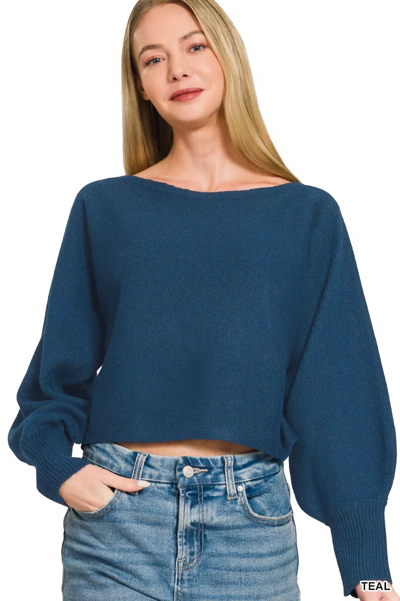 Zenana Boat Neck Balloon Sleeve Sweater