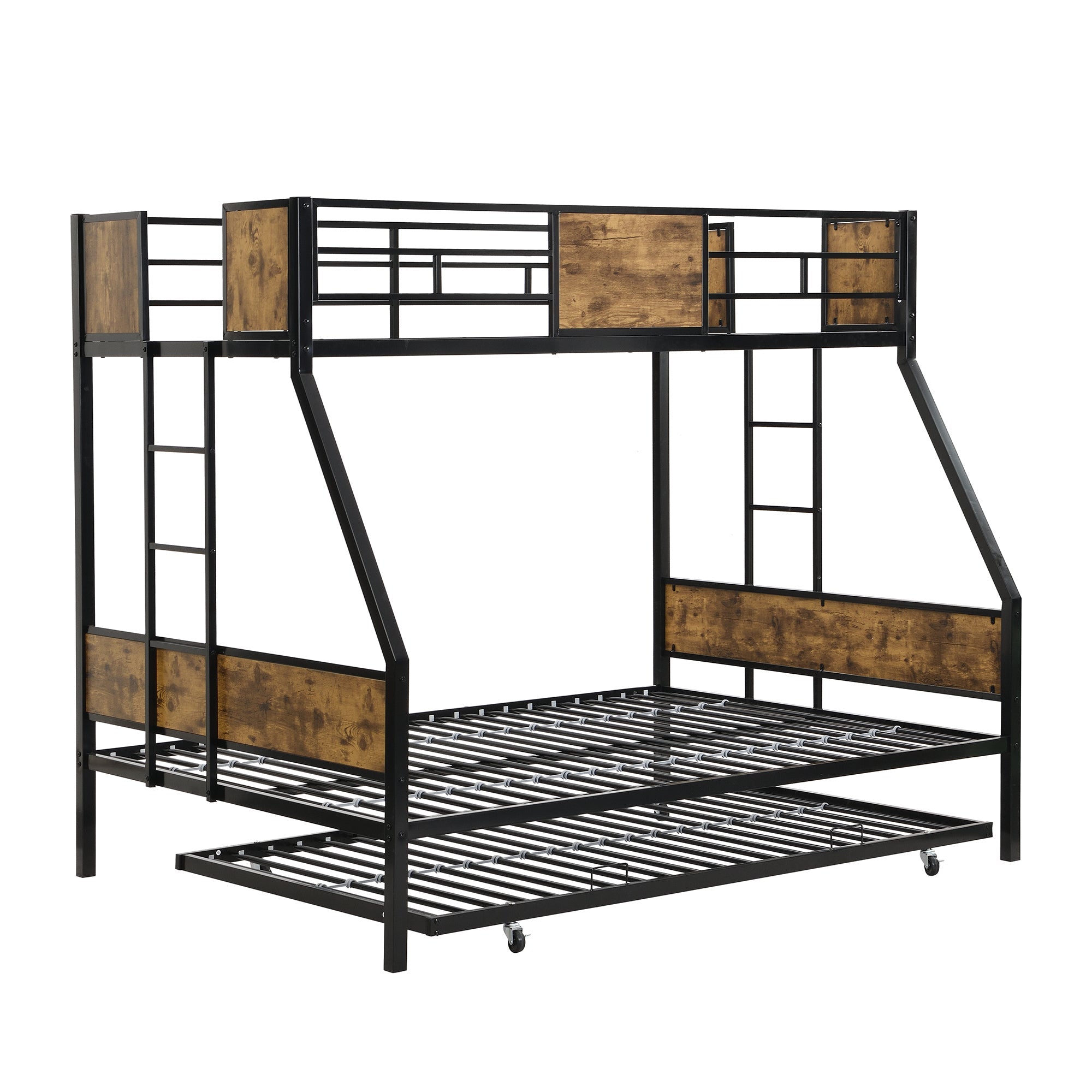 Modern Twin Over Full Metal Bunk Bed with Trundle and Dual Side Ladder, Black & Brown MDF and Metal Design, Easy Assembly