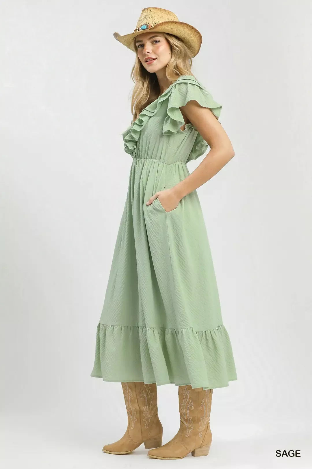 Umgee Textured Ruffle Midi Dress