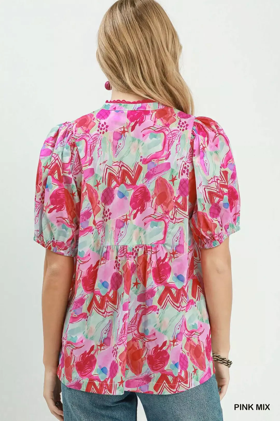 Umgee Abstract Print Puff Sleeve Top