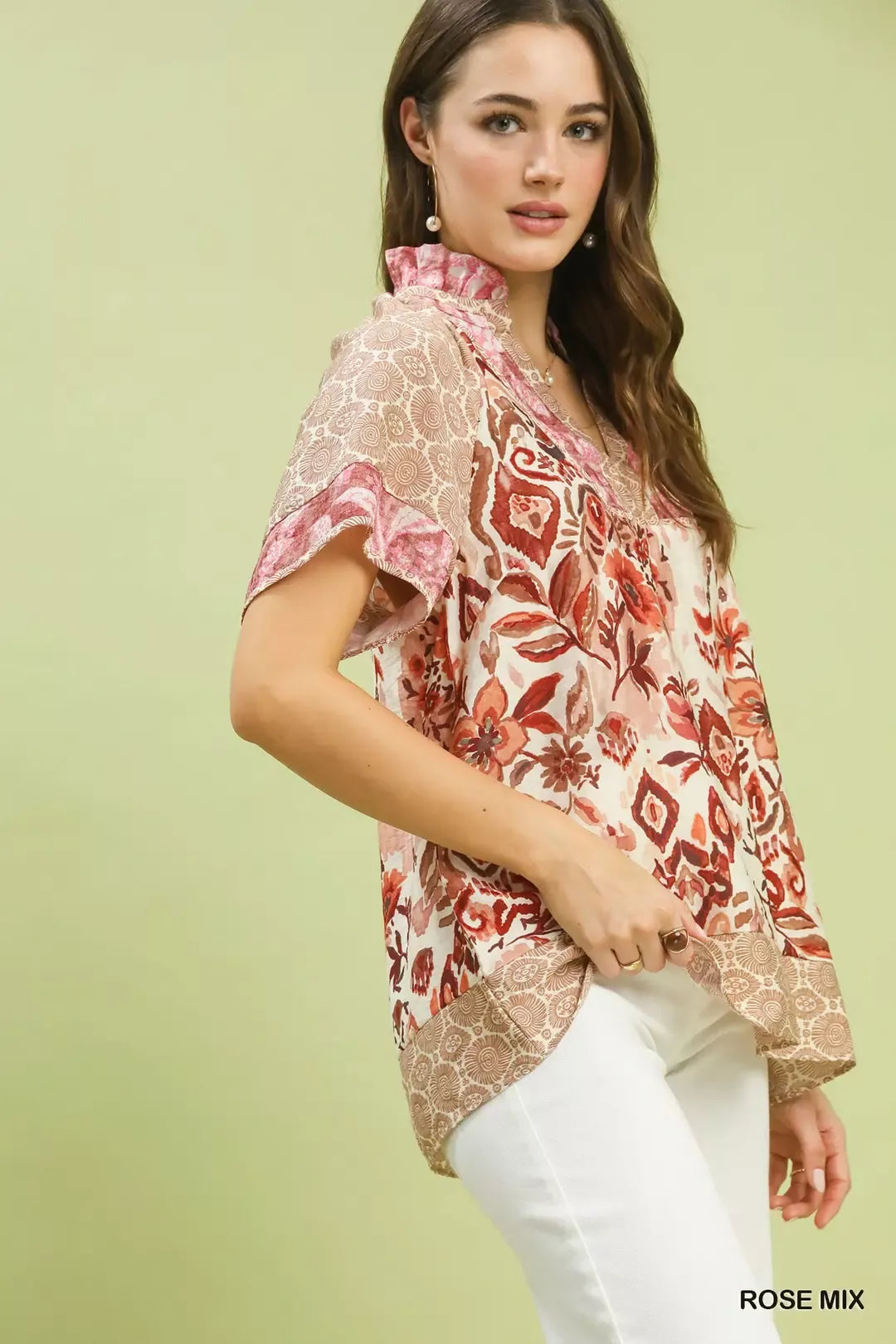 Umgee Mixed Print V-Neck Short Sleeve Top