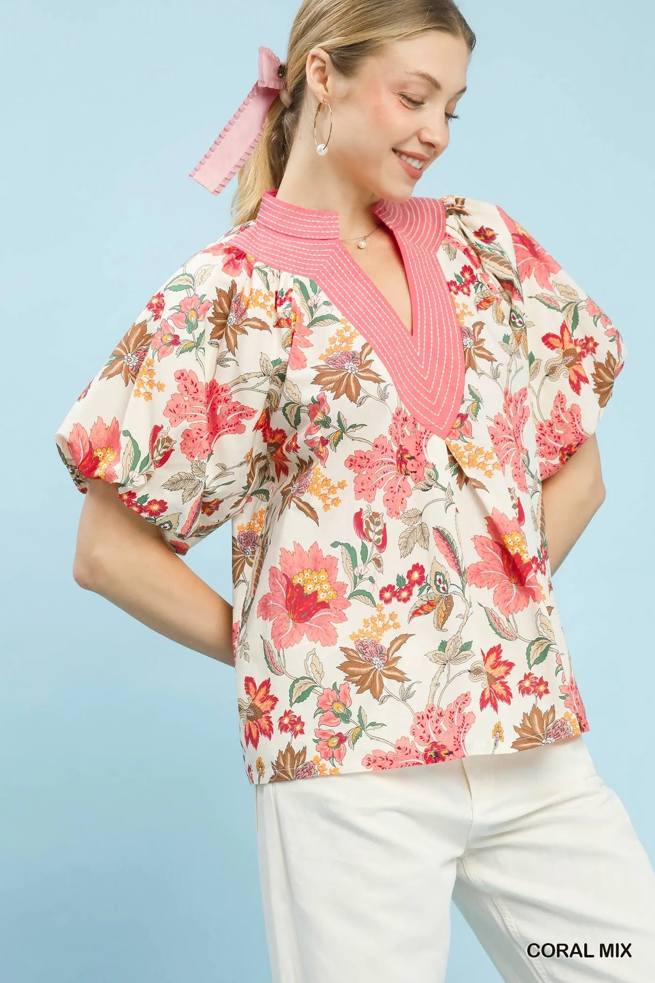 Umgee Mix Floral Puff Sleeve Blouse