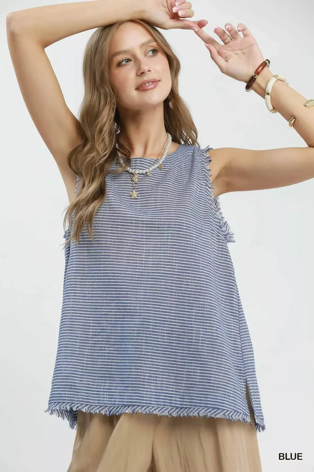Umgee Stripe Fringe Trim Sleeveless Top