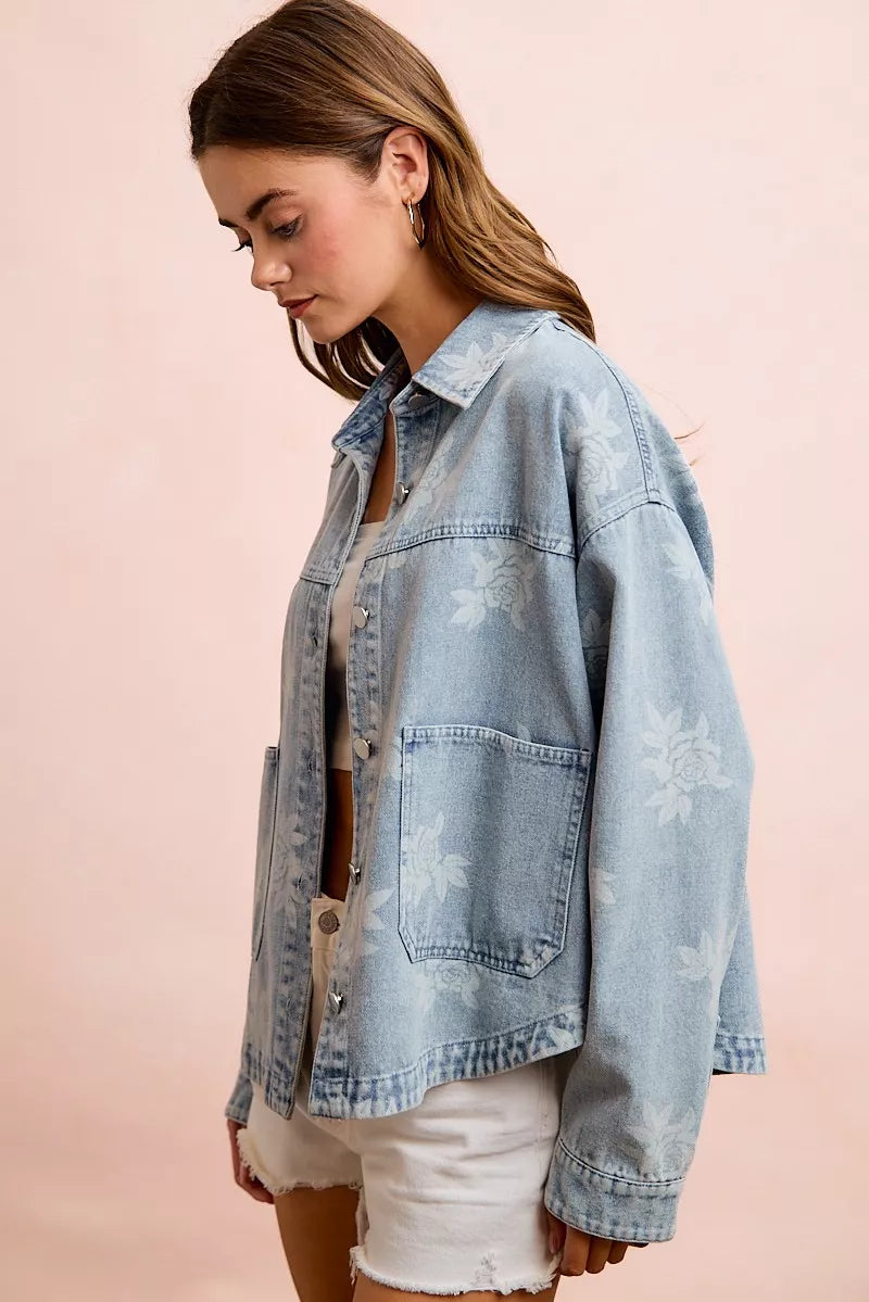 BiBi Printed Washed Denim Jacket With Pocket