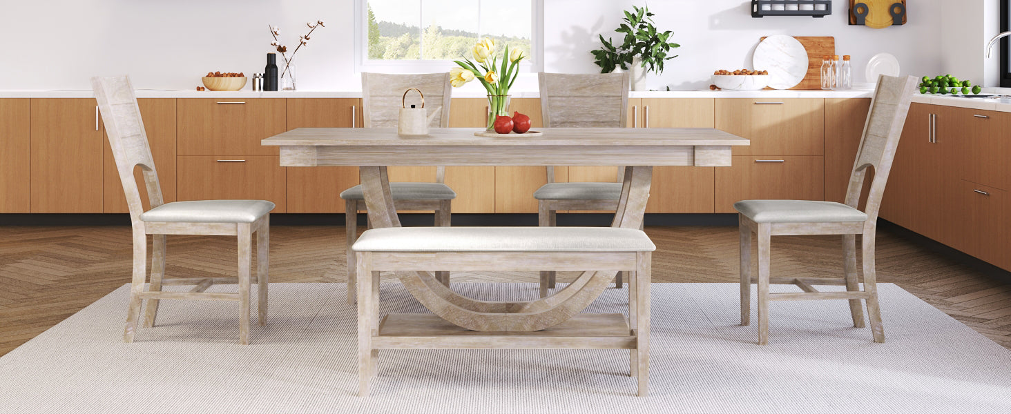 TOPMAX Modern Style Natural Wood 6-Piece Dining Table Set with Bench and Chairs, Upholstered Seats, Rubberwood Frame