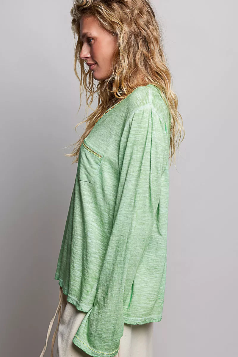POL V-Neck Contrast Stitch Lightweight Knit Long Sleeve Top