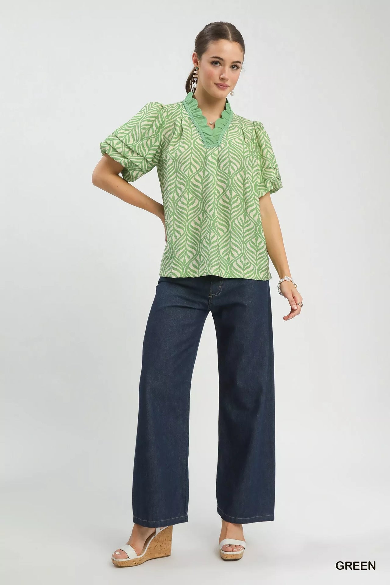 Umgee Printed Puff Sleeve Ruffle Neck Top