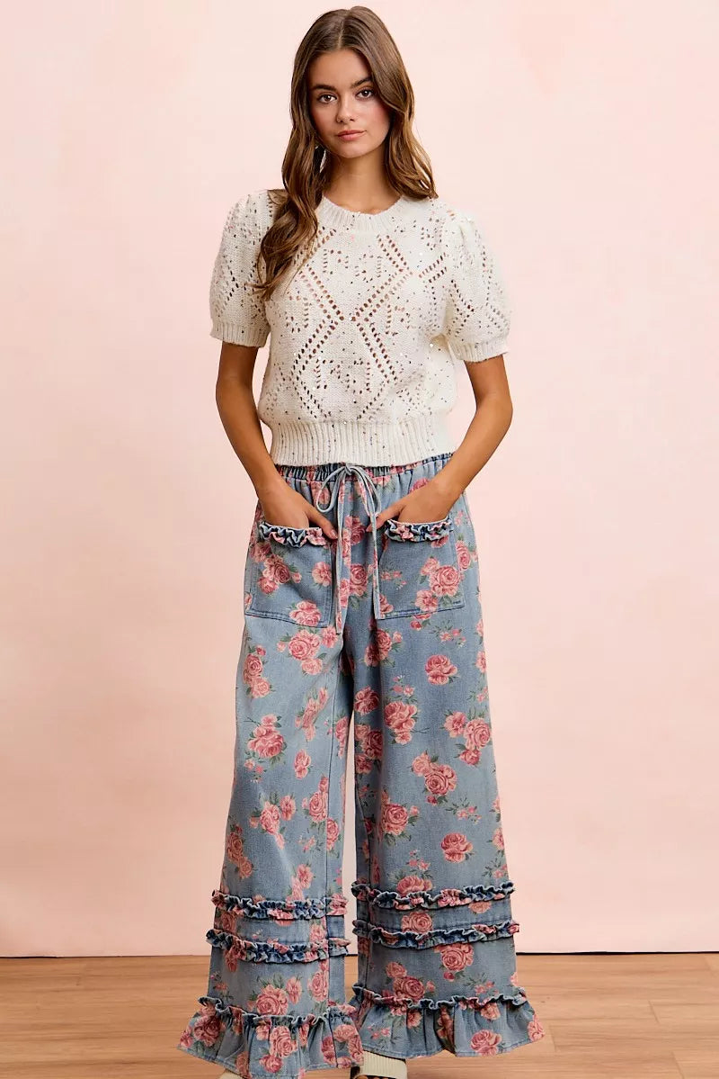 BiBi Washed Floral Denim With Ruffle Elastic Wide Pants