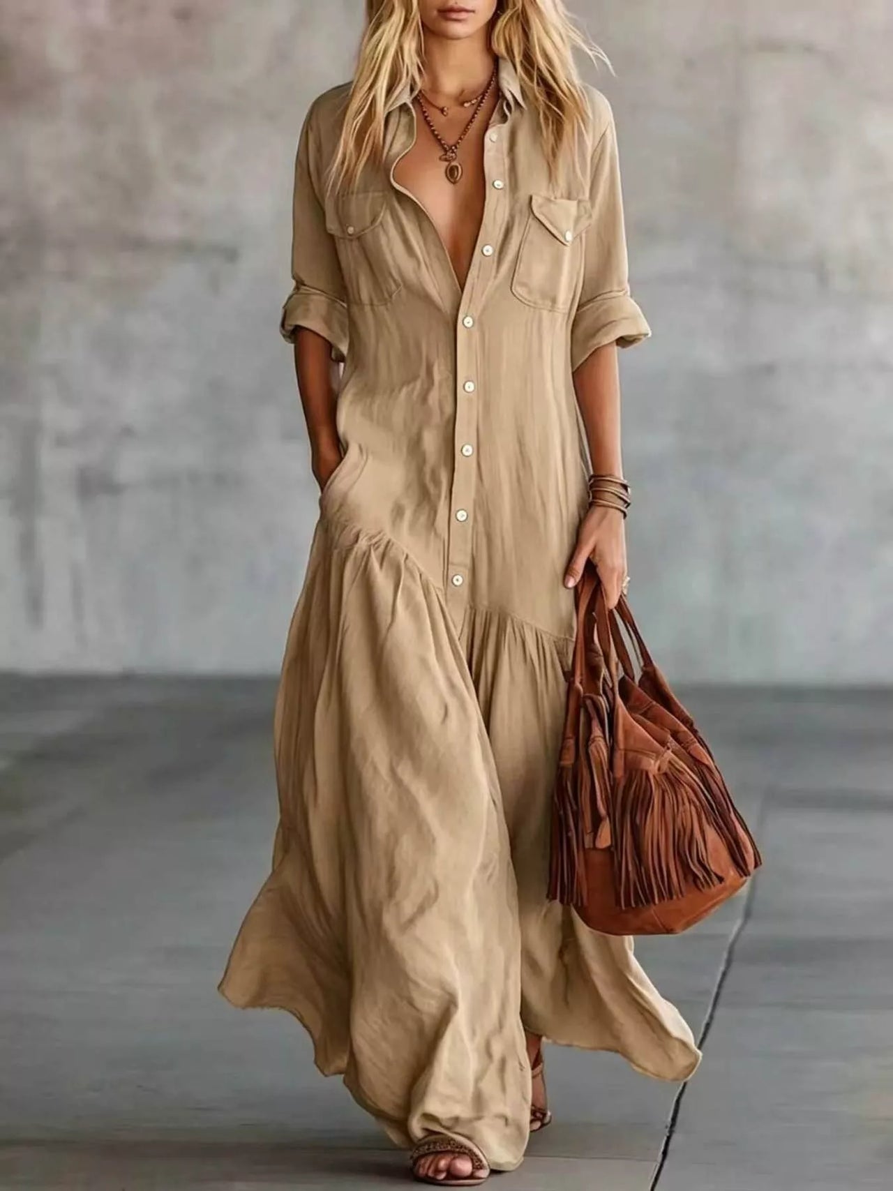 Full Size Button Front Roll-Up Sleeve Maxi Dress Plus Size