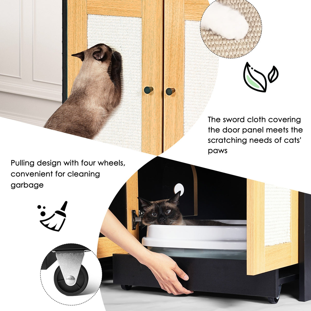 Modern Black Double Litter Box Enclosure with Rattan Doors for Two Cats, 47' L x 19.8' W x 21.8' H