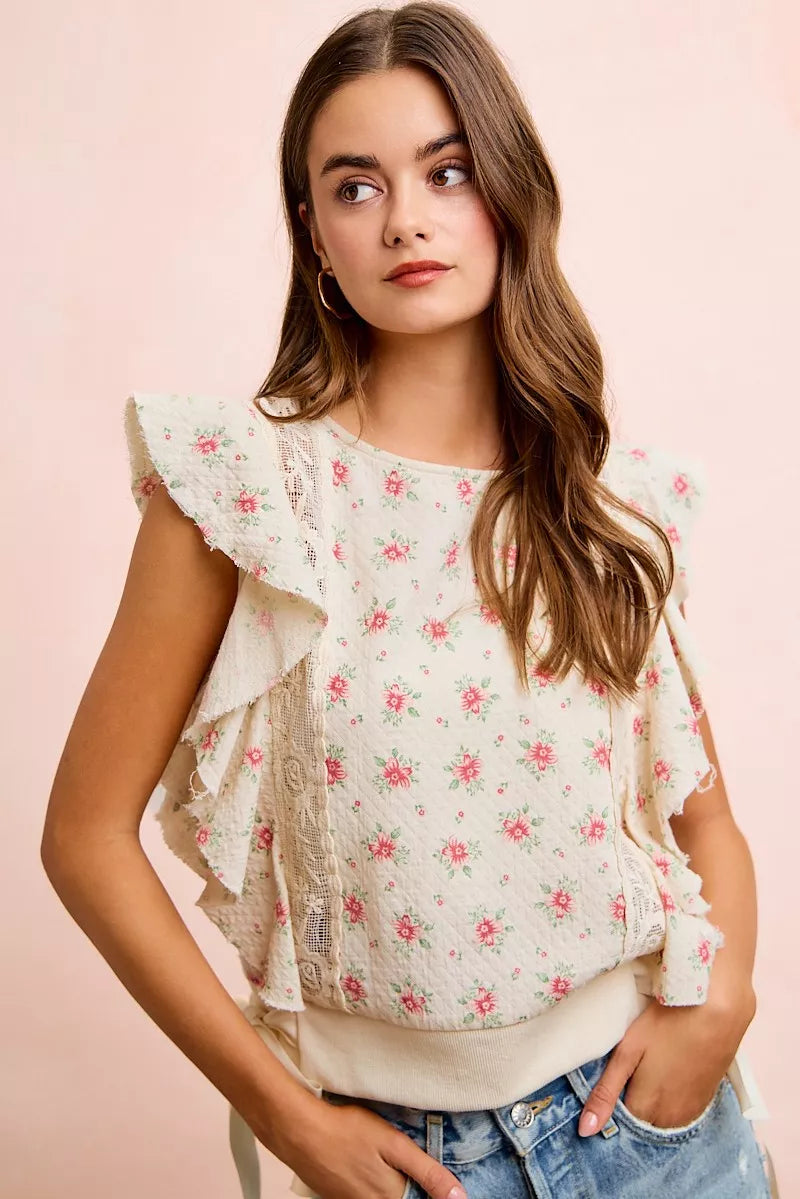 BiBi Flower Printed Ruffle Sleeve Trim Detail Top
