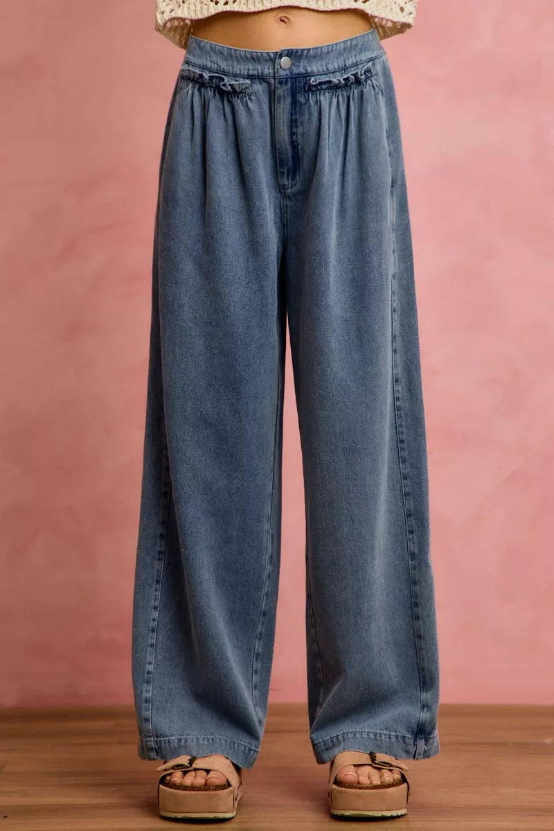 SO ME Mid Rise Ruffled Front Elastic Wide Leg Jeans