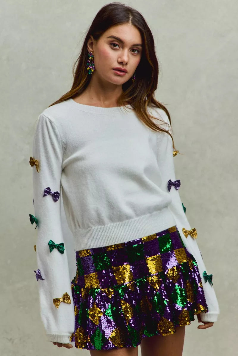 SO ME Mardi Gras Glitter Bow Ribbon Sweater Knit Top