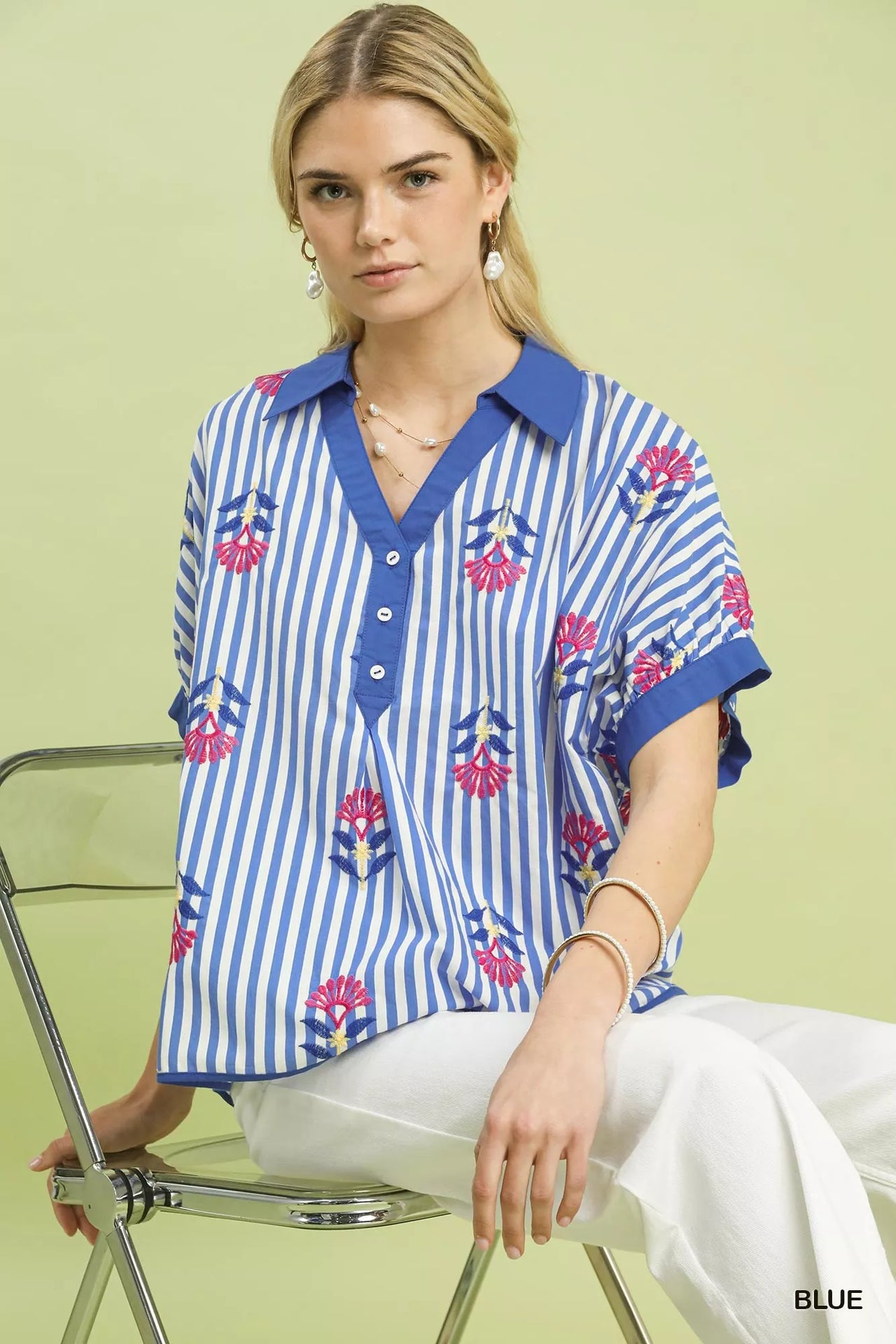 Umgee Stripe Embroidered Button-Front Boho Blouse