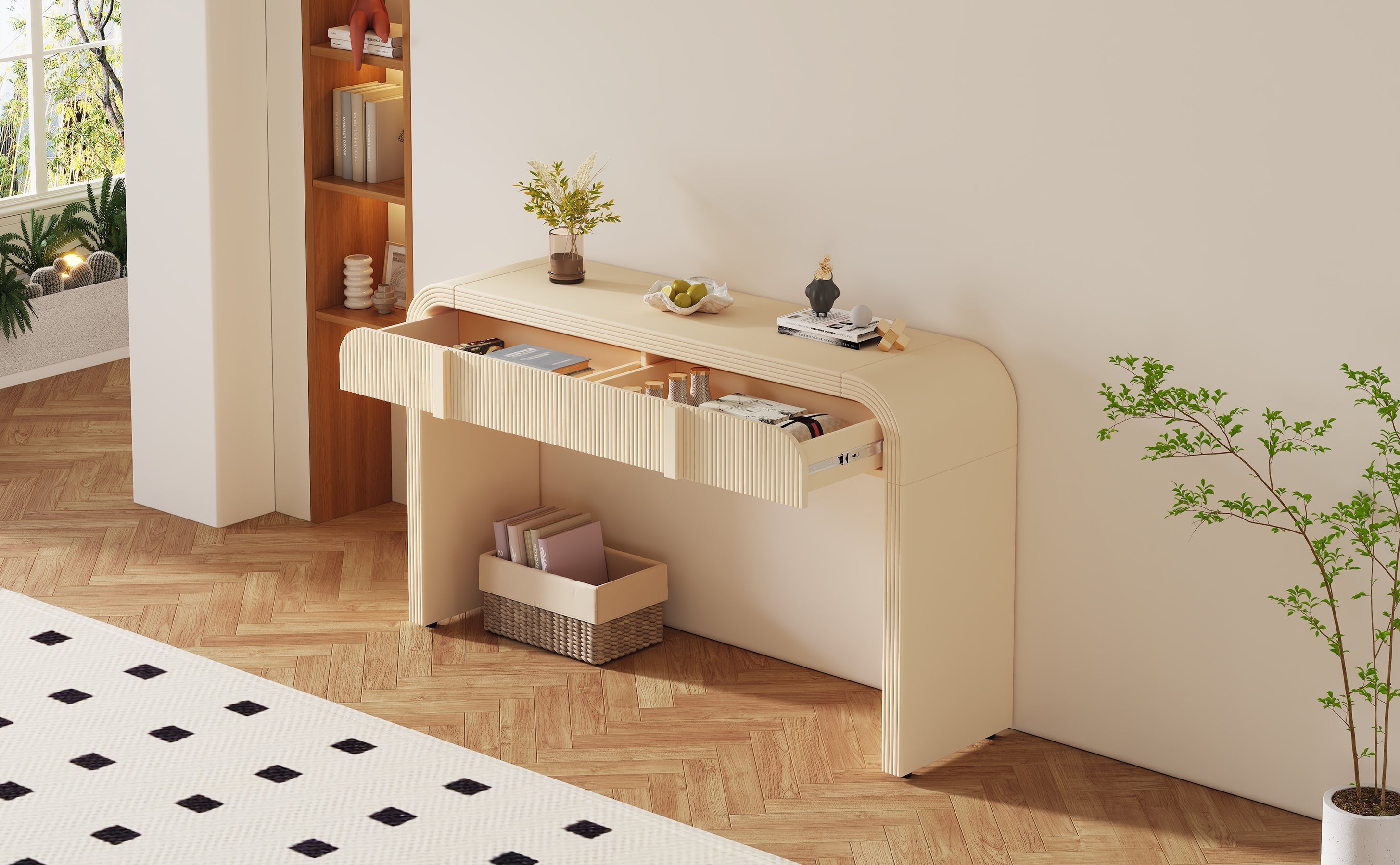 TREXM Modern Console Table with 2 Storage Drawers, Fluted Entryway Table with Rounded Silhouette for Hallway Living Room and Entryway (Apricot Cream)