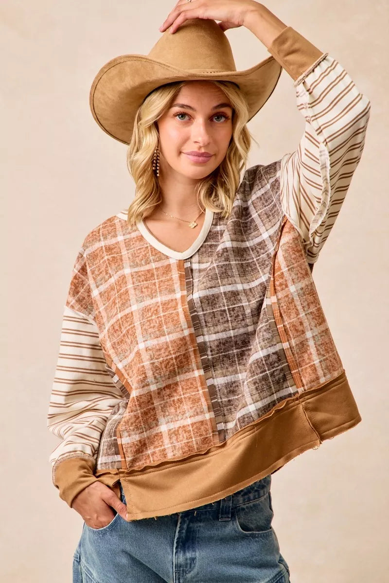 BiBi Plaid And Stripe Mix And Match Top With Open Seam