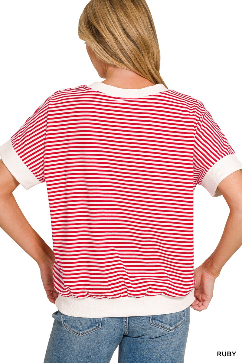 Zenana Stripe Contrast Trim Banded Bottom Top