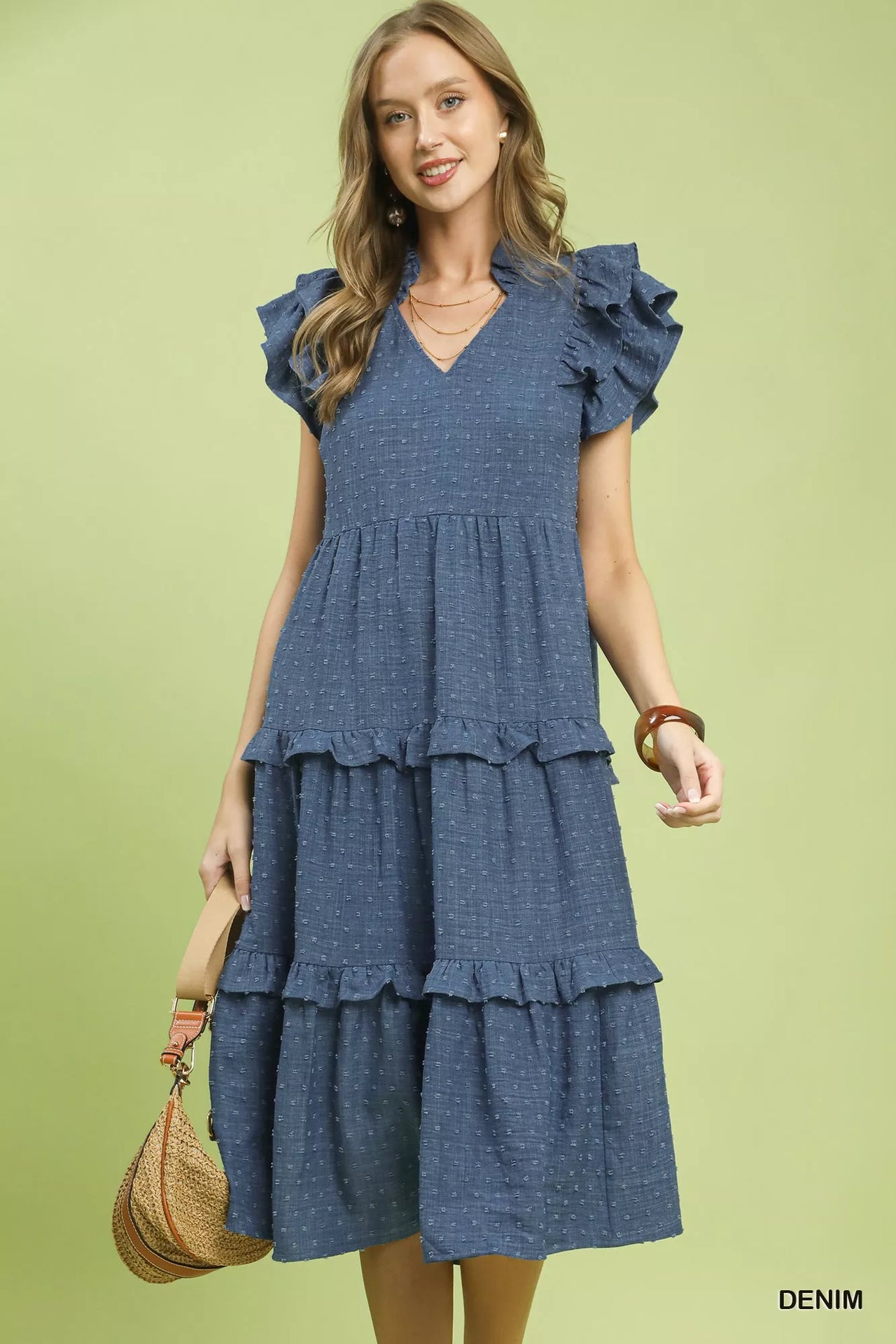 Umgee Textured Ruffle Sleeve Tiered Midi Dress