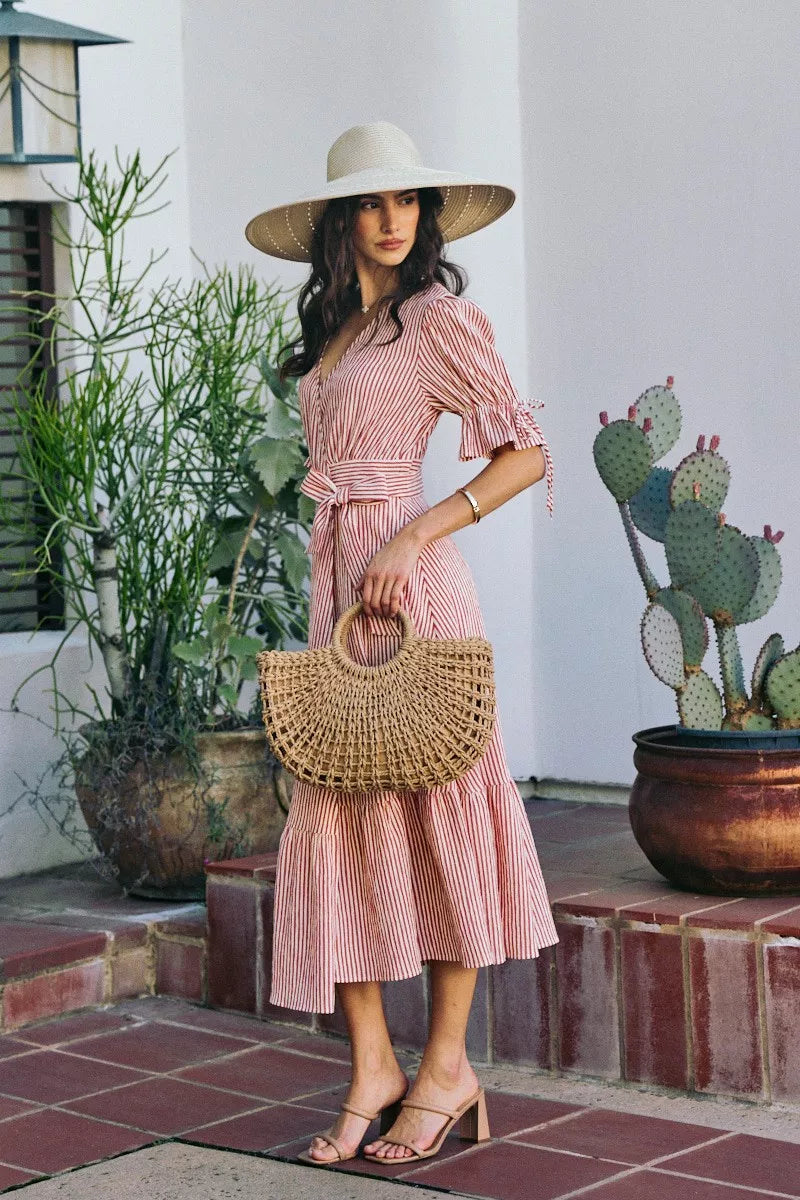 SO ME Stripe Textured Short Sleeves Lined Wrap Midi Dres