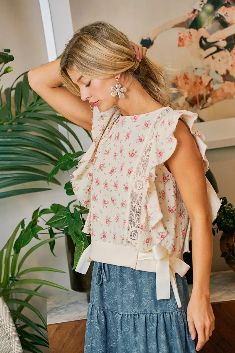 BiBi Flower Printed Ruffle Sleeve Trim Detail Top