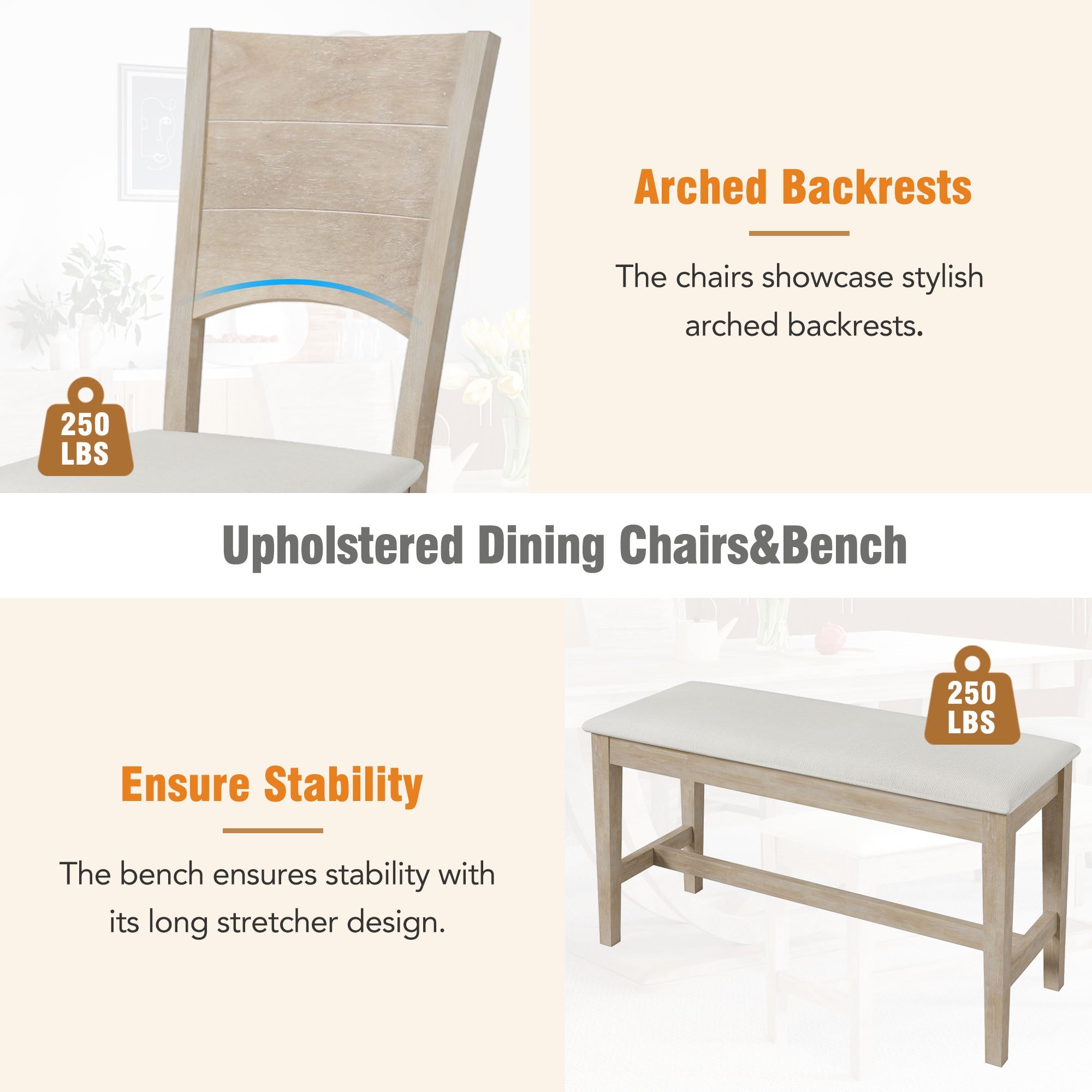 TOPMAX Modern Style Natural Wood 6-Piece Dining Table Set with Bench and Chairs, Upholstered Seats, Rubberwood Frame