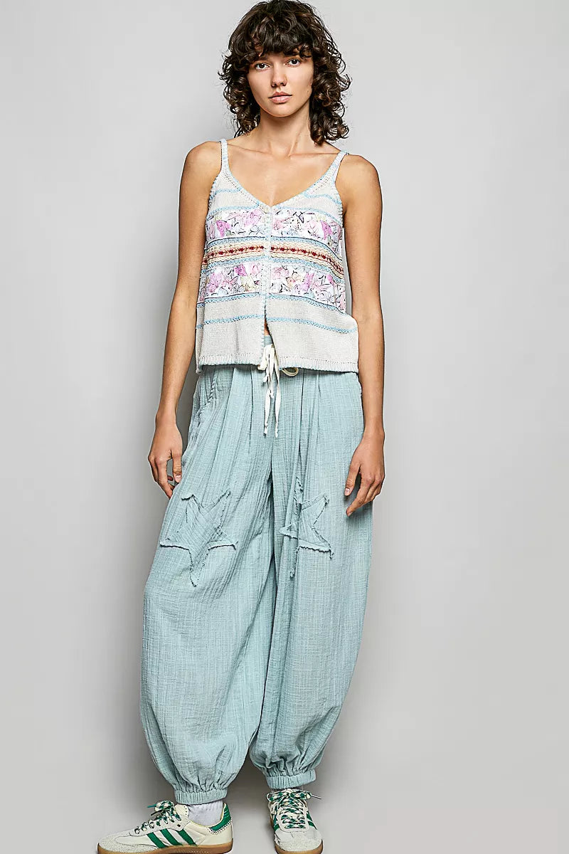 POL Printed Contrast Button Down Cami with Trim Detail and Blanket Stitch