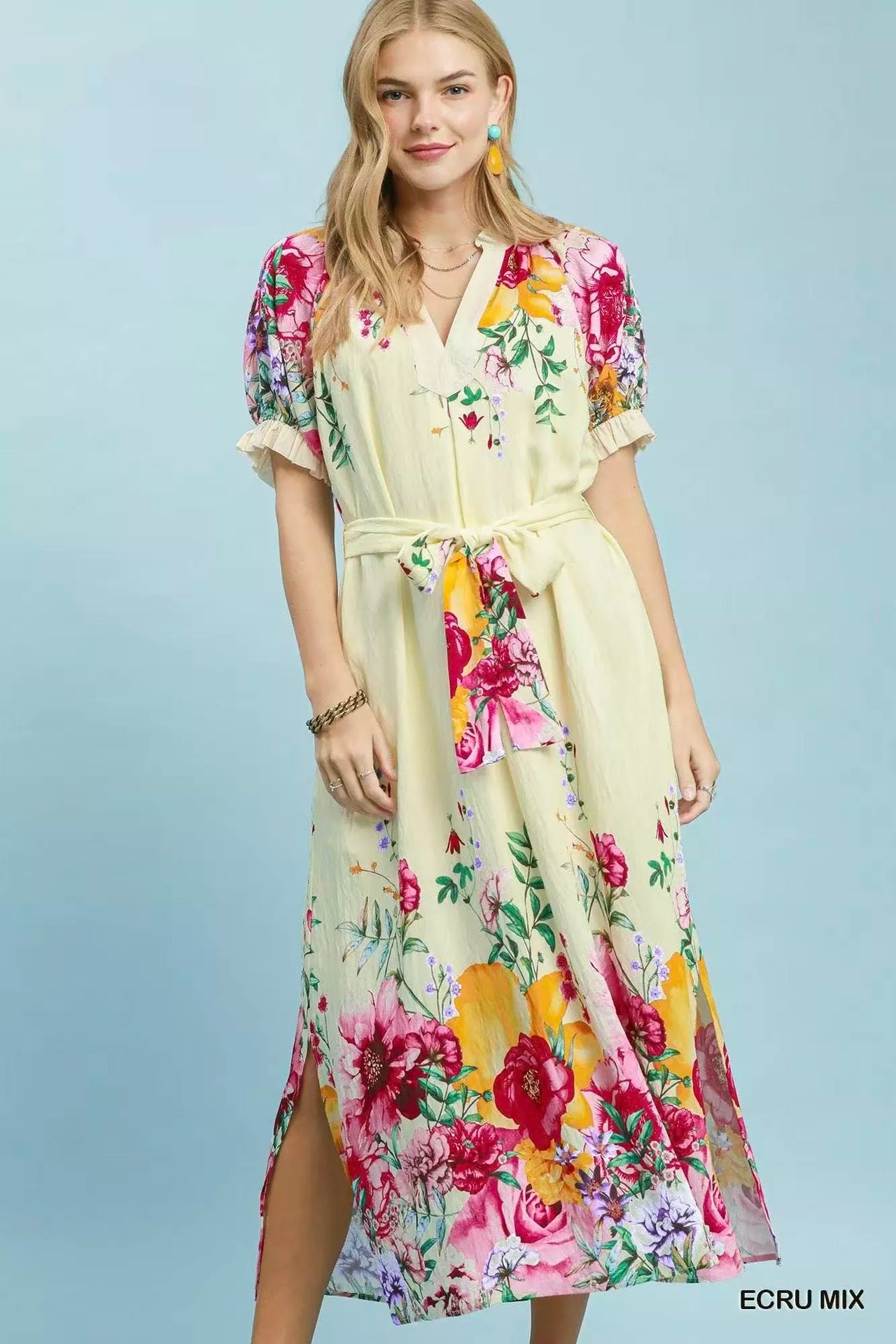 Umgee Mix Floral Border Print Midi Dress