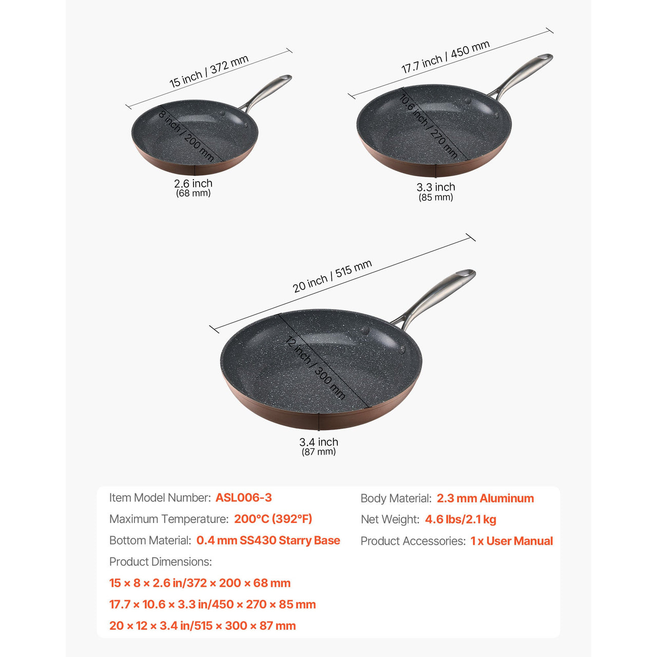 3 Piece Frying Pan Aluminum Skillet Set 8 10 12 in Handle Pre-Seasoned Grey
