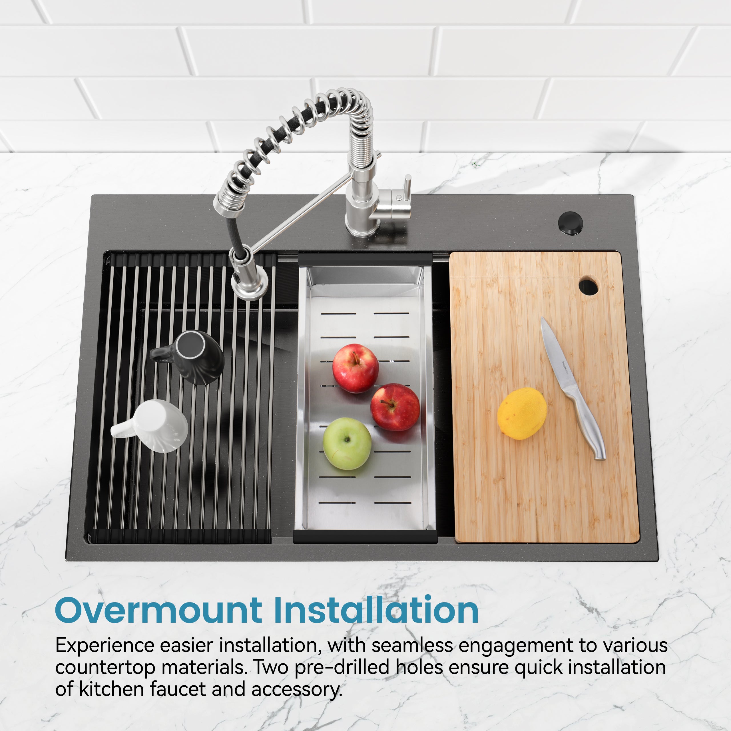 Stainless Steel Kitchen Sink, 33″x22″ Single Bowl, Overmount Handmade Sink in Black, with Cutting Board, Colander