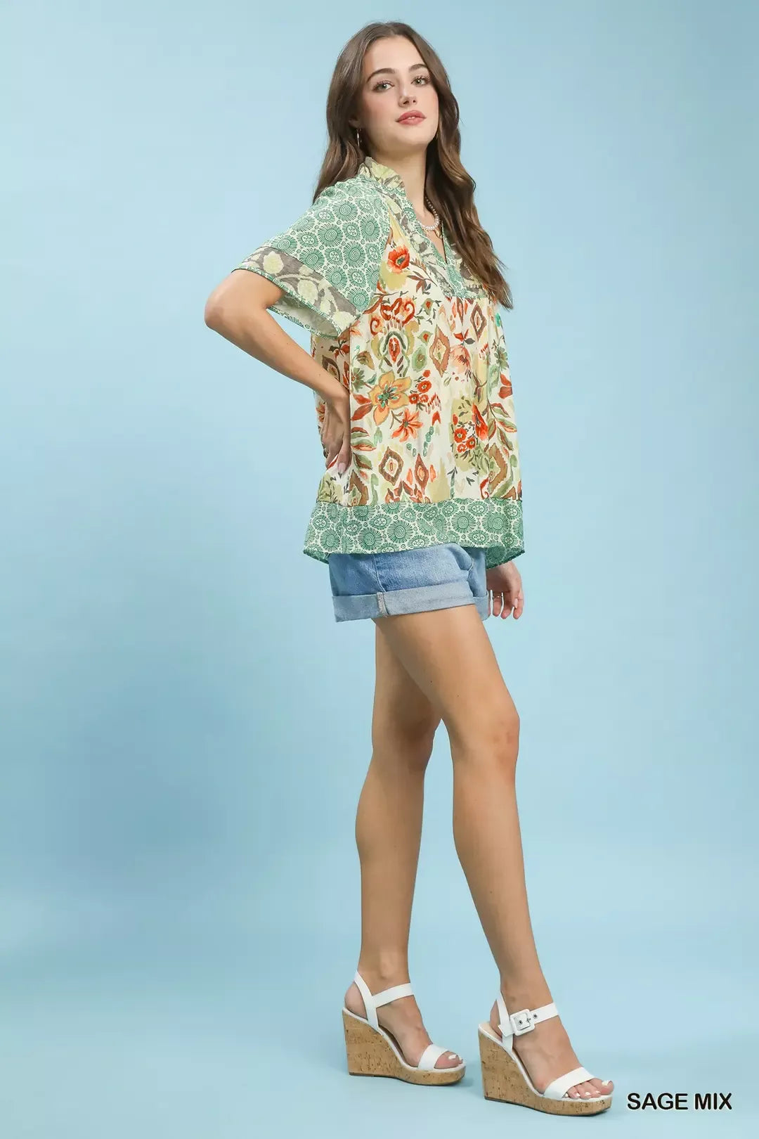 Umgee Mixed Print V-Neck Short Sleeve Top