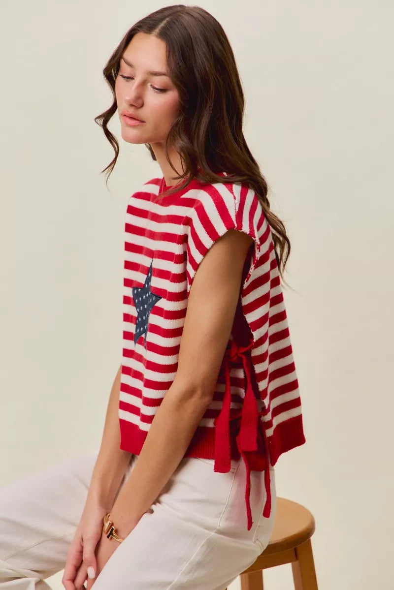 SO ME Stripe Star Patch 4th Of July Side Tie Vest Top