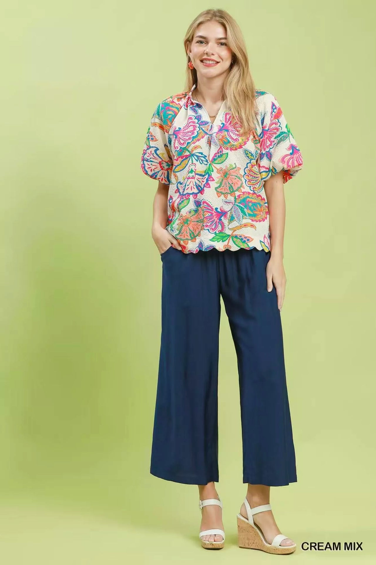 Umgee Mix Floral Print Scallop Hem Blouse